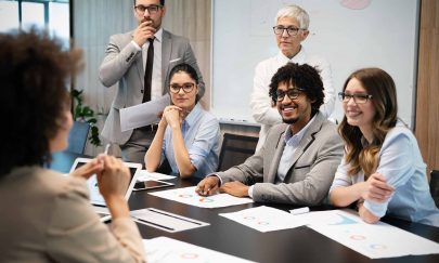 Group of business people working together, brainstorming in office